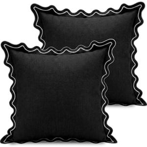 Novabright 2 Pack Outdoor Waterproof Pillow Covers Decorative Farmhouse Garden Pillowcase Scalloped Throw Cushion Cases for Patio Porch Tent Sofa Living Room Decor (Black,18 x 18 Inch)
