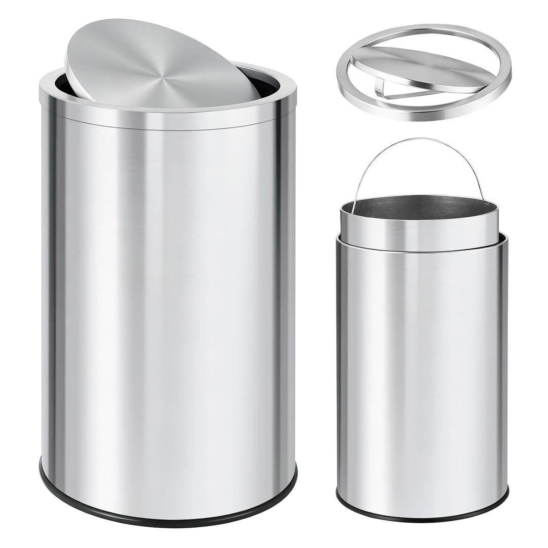 GarveeTech 13 Gallon Round Trash Can, Stainless Steel Swing Top Garbage Can with Soft-Close Flipping Lid & Removable Inner Bucket, 50 Liter Large Commercial Trash Bin for Kitchen, Office, Hotel