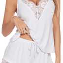 Avidlove Women Pajama Set Lace Trim Short PJ Set Modal V Neck Sleeveless Sleepwear Drawstring Waist Nightwear (Medium, White)