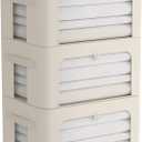 3Pack Frame Storage Box - Clothes Storage Bin Bags Oxford Fabric Foldable Stackable Container Organizer Set with Clear Window & Carry Handles (Beige, Medium-44L)