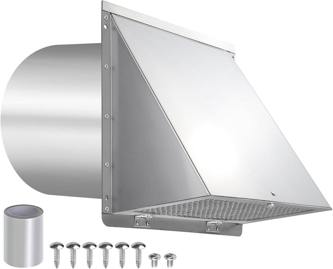 10 Inch Wall Vent Exhaust Vent Cover,Hooded Wall Vent with Screen and Damper,Outdoor Wall Exhaust Vent Cap Exterior Air Vent Cover for Kitchen Range Hood HVAC Duct Dryer Ventilation, Stainless Steel