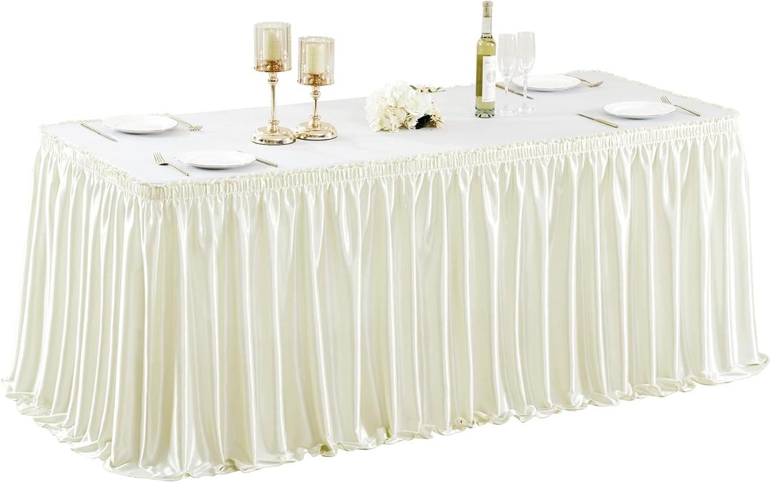 Wish Care 6ft Ivory Satin Table Skirt for Rectangle Tables Wrinkle Free Glitter Desk Skirts Pleated Ruffle Table Cloth for Wedding Birthday Baby Shower Party Banquet Cake Teacher Table Decorations