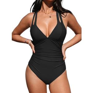 CUPSHE Women's One Piece Swimsuit Tummy Control Deep V Neck Double Straps Crisscross Back Tie Bathing Suit, M