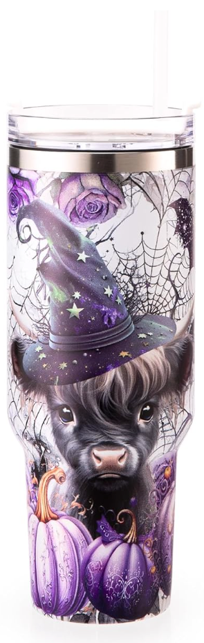40oz Skull Flower Tumbler With Lid and Straw, 40oz Tumbler Wrap, Stainless Steel Insulated Tumbler for Water, Iced Tea or Coffee (Purple Pumpkin Bat)