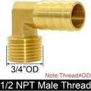 Joywayus Brass Hose Fittings 90 Degree Elbow 3/4" Barb to 1/2"NPT Male Water/Fuel/Air(Pack of 2)