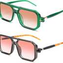 Hycredi Vintage 70s Flat Aviator Sunglasses Women Men Trendy Square Shades Retro Stylish UV400 Sun Glasses (2 Pack Green/Gradient Brown + Gray/Pink)