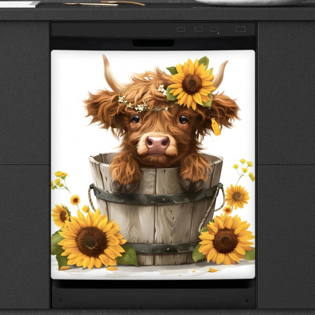 Magnetic Dishwasher Cover Sunflower Highland Cow Dishwasher Covers Decorative for The Front,Magnetic Refrigerator Cover Panel Decal Skin for Kitchen Cabinet Appliance 26"X23"