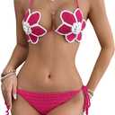 SweatyRocks Women's Crochet Summer 2 Piece Swimsuit Cover Up Sets Self Tie Halter Top and Bottom, S
