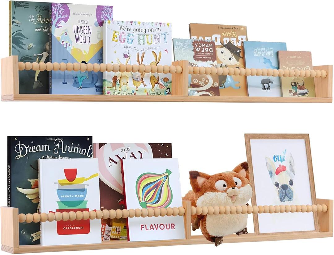 Nursery Book Shelves - Wall Mounted Set of 2, 32 inches Wooden Floating Bookshelves for Kids' Room and Study Room