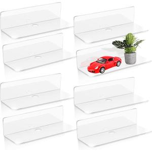 Maitys 8 Pcs Acrylic Floating Shelves 9 Inches Adhesive Wall Mounted Shelves No Drill Hanging Acrylic Wall Display for Living Room Bathroom Bedroom Kitchen Office(Clear)