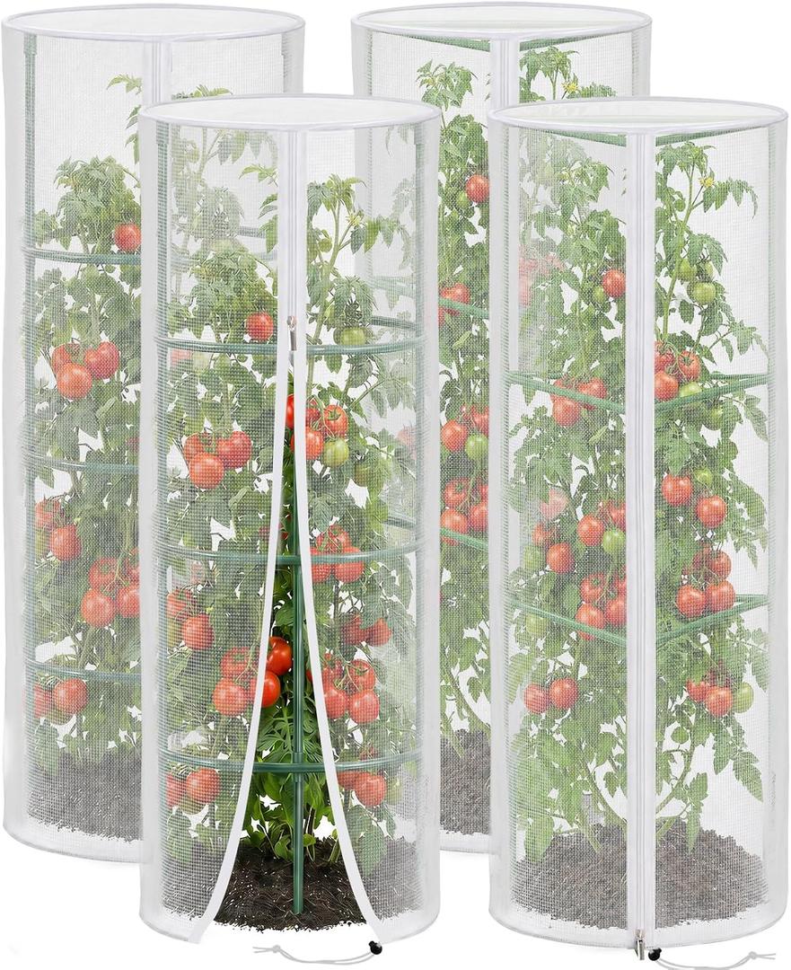 4 Pcs Garden Mesh Plant Cover for Round Tomato Cage, 57" x 15.7" Insect Bird Netting Protection Net Covers with Zipper & Drawstring, Garden Tomato Trellis Netting for Climbing Plants