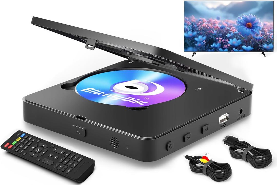 Blu Ray Player 1080P Blu-ray Disc Player for Home Cinema, Dolby Audio/DTS, Plays All DVDs and Region A 1 Blu Rays, Supports 128GB USB Stick, with HDMI and AV Output Connection Cable, NTSC US Standard
