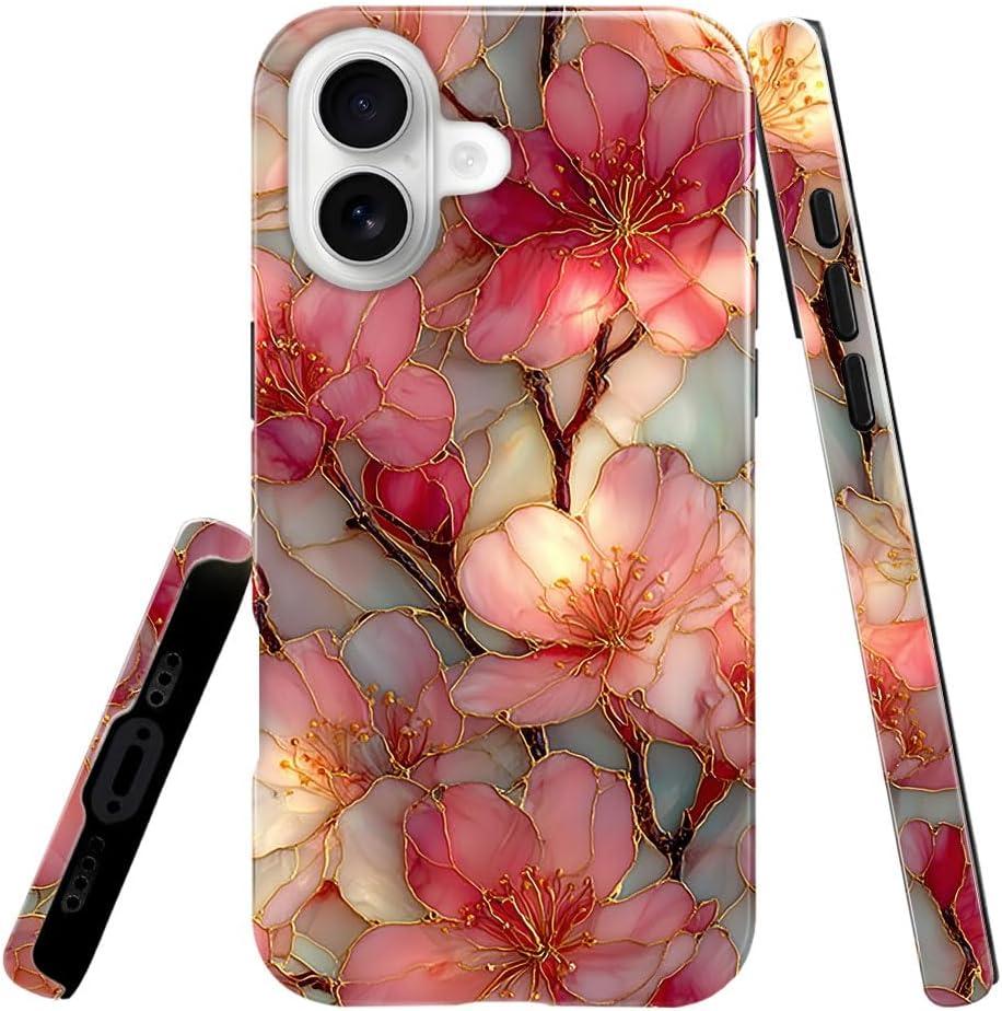Compatible with iPhone 17 Case,Glossy Case All-Round Protection Shockproof Anti-Scratches TPU Cover,Cases for Man Woman-Blossoms Pink Flower Stained Glass