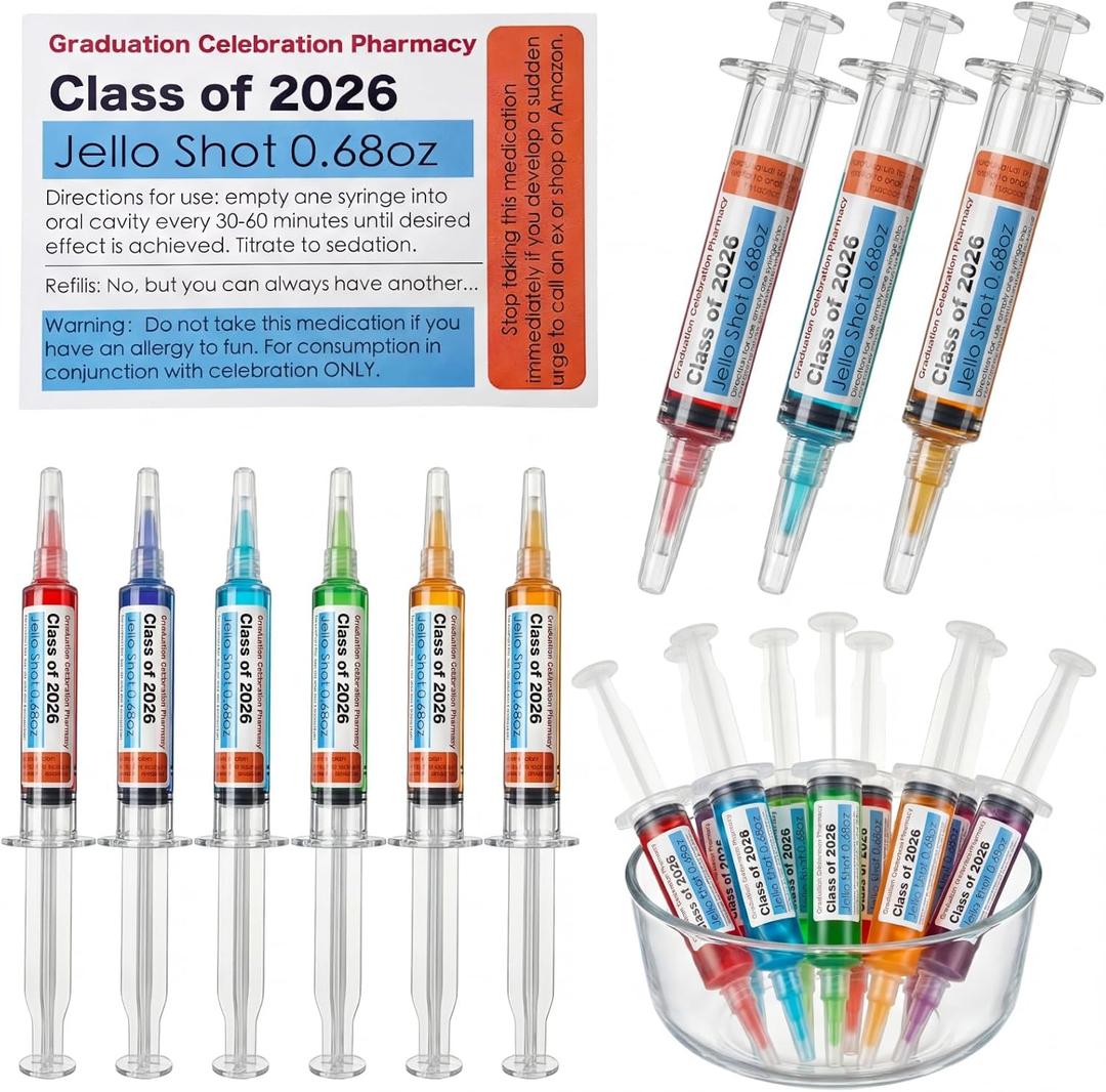 48 Pcs Nurse Graduation Party Decorations Class of 2026 Jello Shot Syringes 24 Pack 20ml Reusable Plastic Syringe Shooters with Caps and 24 Pharmacy Prescription Stickers, Nursing RN Medical School Grad Party Favors Supplies