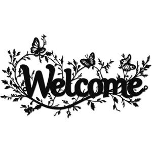 Vintage Welcome Floral Vine Metal Wall Decor- Rustic Farmhouse Entryway Sign, Indoor Outdoor Home Accent (14.57"x8.07", Black)