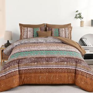 Cottolester Boho Queen Comforter Set 8 Pieces, Brown Bohemian Striped Bed in a Bag, Paisley Soft Microfiber Bedding Comforter Set