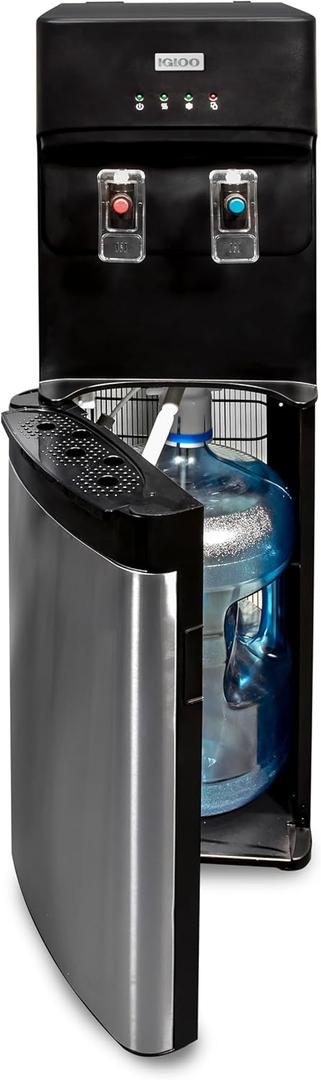 Igloo Bottom Loading Water Cooler  Hot & Cold Dispenser  Black & Stainless Steel, Holds 3 & 5 Gallon Jugs, Child Safety Lock  for Homes, Kitchens, Offices, Dorms