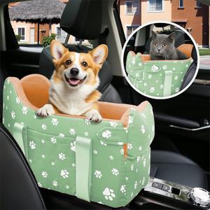 Cullaby Dog Center Console Car Seat for Small Dogs Under 15lbs,Detachable Washable Booster Pet Car Seat Travel Bed with Storage Pockets and Seat Belt(Green)