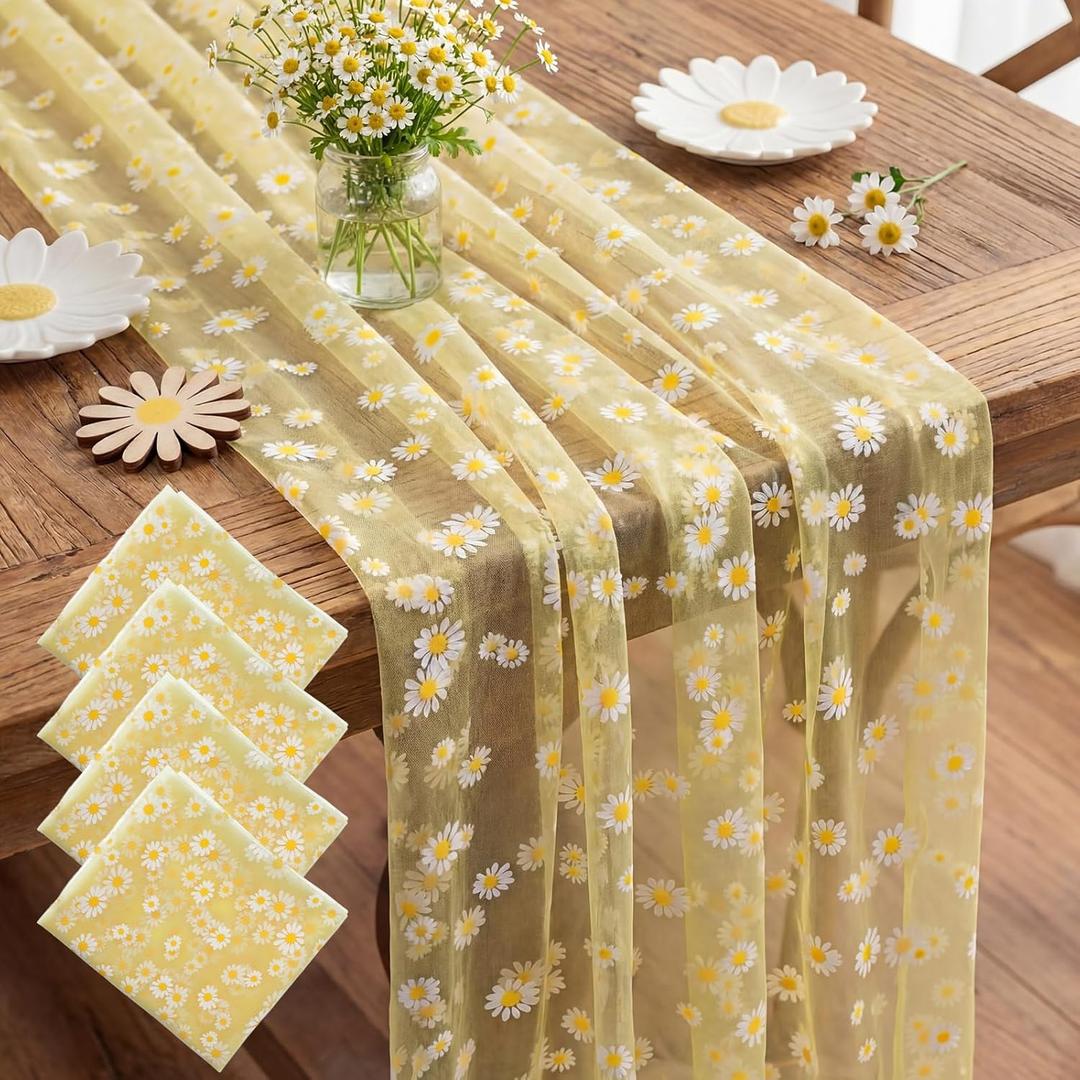 4 Pcs Yellow Daisy Table Runners 29 x 70 Inch Daisy Tulle Lace Table Runner Spring Floral Dining Tablecover for Boho Wedding Birthday Baby Shower Spring Easter Party Home Kitchen Decor