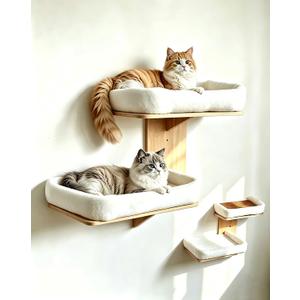 Cat Wall Shelves with Cat Bed 2 in 1 Furniture with Soft Cushion Perch & Pet Cooling Mat 2 Platform Climbing Wall Systems Tree Tower for Indoor Cats Rubber Wood Corner Floating Shelf