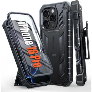 FNTCASE for iPhone 16 Pro Case: Military Grade Rugged Cell Phone Cover with Kickstand & Holster | Shockproof TPU Protection Bumper Matte Textured Design | Heavy Duty Protector(Black)