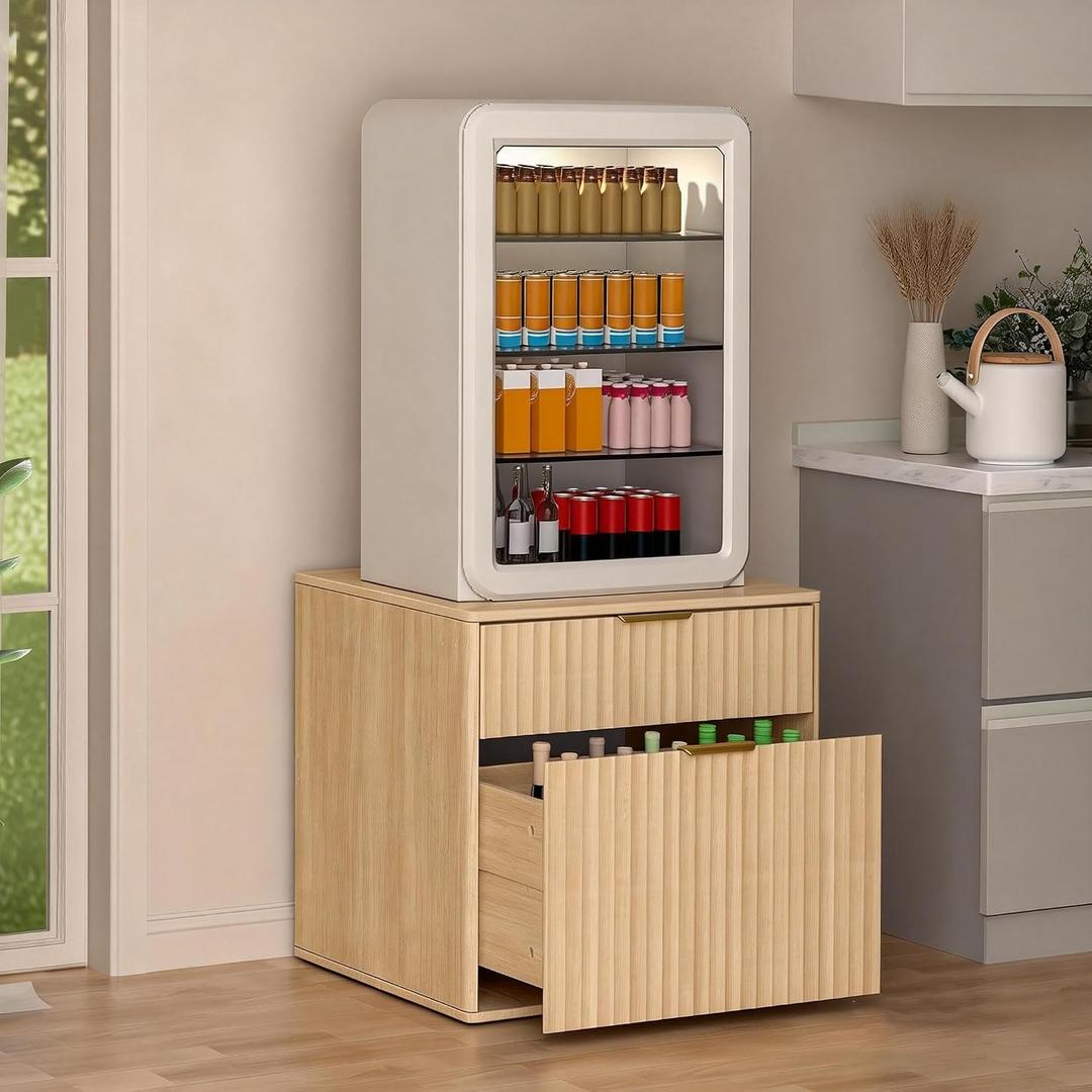 Aruood Mini Fridge Stand with Storage, Fluted Mini Fridge Cabinet with 2 Drawers, Wood Refrigerator Table Stand for College Dorm Room, Home Office & Bedroom, Light Oak, 22.4" W