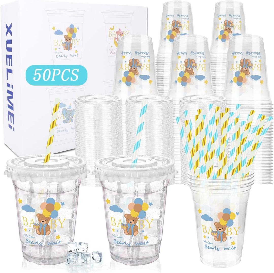 50 Pcs Blue Bear Disposable Plastic Baby Bath Cups with Lids and Straws, 12 oz, Set of 50