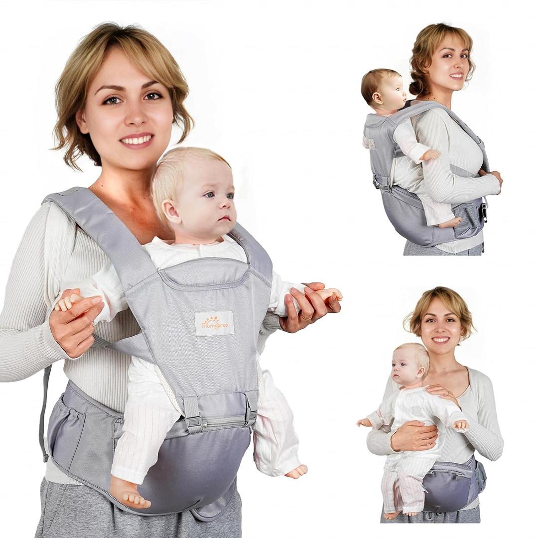 Baby Carrier Newborn to Toddler, 6-in-1 Front and Back Baby Hip Carrier One Size Fits All Adjustable Toddler Carrier Hip Carrier for Baby with Hip Seat Adapt to Newborn, Infant & Toddler (Grey)
