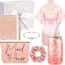 Irenare 8 Pcs Proposal Gifts Set Robes Makeup Bag Cup Cards Hair Tie Bracelet Diamond Pen Bridesmaid Gift Box(Pink,Maid of Honor)