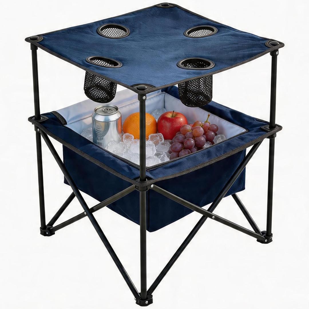 Portable Outdoor Folding Camping Table with 4 Cup Holders & Cooler Compartment, Waterproof Picnic Table for Picnic, BBQ, Beach, Hiking (Navy Blue), 1 PCS