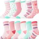 ANTSANG Baby Girls Toddlers Grips Socks Kids Non Slip/Anti Skid Unicorn Striped Crew Cotton Gift Socks (5-8 Years, Pink Green)