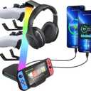 VCOM RGB Gaming Headphones Stand with 10 Light Modes, 4 Controller Holder with 1 USB & 2 Type-C Charging Ports,Headset Stand Suitable for All Earphone Accessories, Best Gift for Desk Gamers