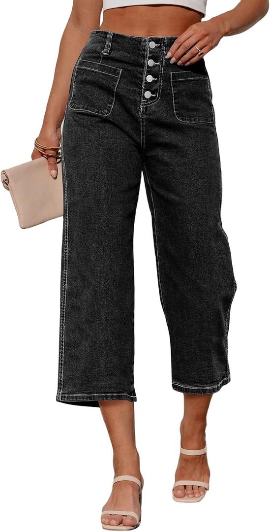 Sidefeel Women's Capri Pants Trendy Wide Leg Jeans High Waisted Stretchy Loose Cropped Denim Pants (Black, S)