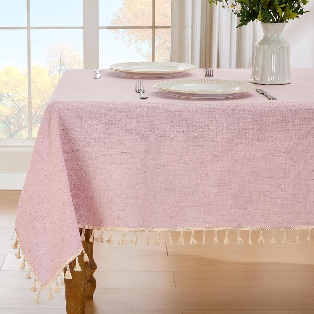 JIALE Valentines Textured Tablecloth, Heavy Duty Linen Style Farmhouse Table Cloth Rectangle Table, Wrinkle-Free Washable Waterproof Table Cover for Kitchen, Dining, Parties, 55"x120", Pink
