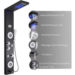 ELLO&ALLO Stainless Steel Shower Panel Tower System,LED Shower Head 6-Function Faucet Rain Massage System with Body Jets, Black