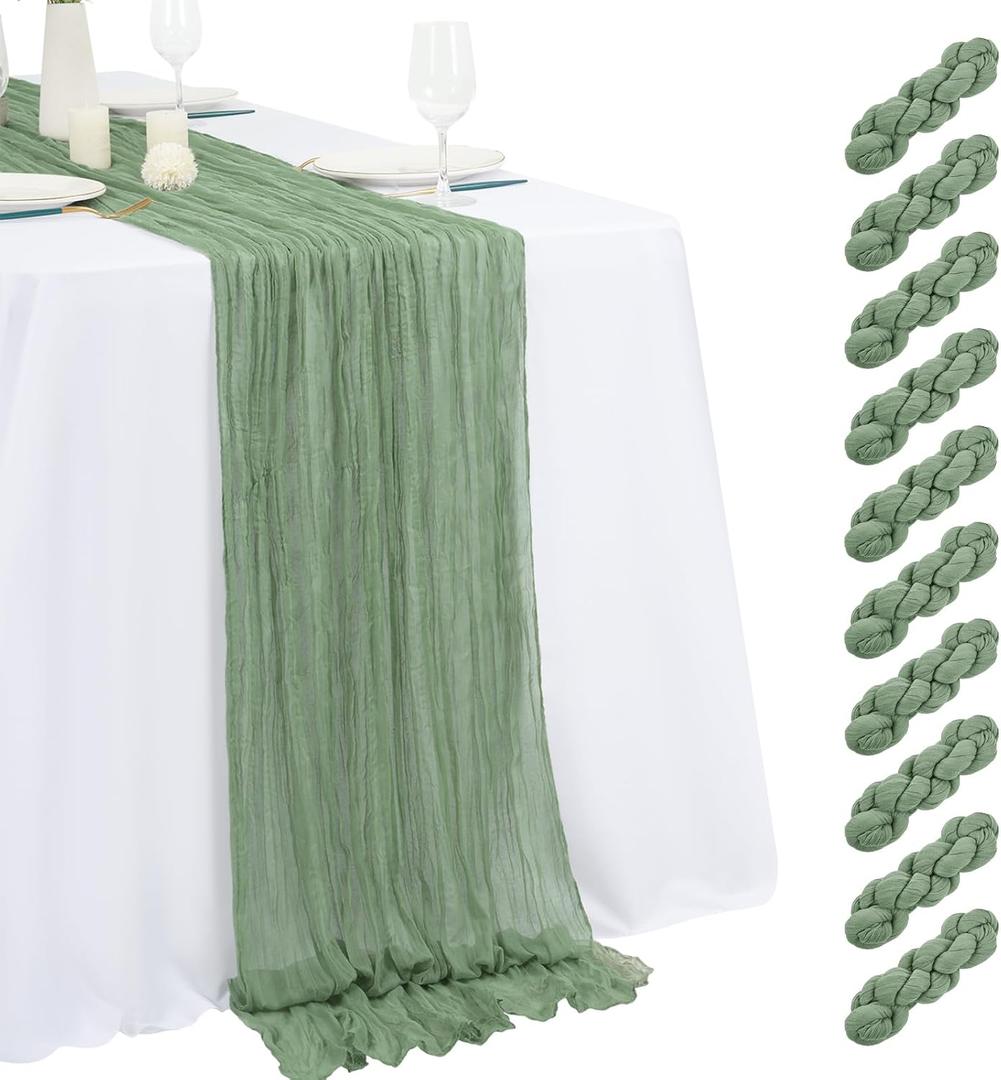 10 Pack Sage Green Cheesecloth Table Runner 17x108 Inch Semi Sheer Boho Gauze Cheese Cloth Table Runners, for Wedding Bridal Shower Birthday Party Home Decor Garden Farmhouse