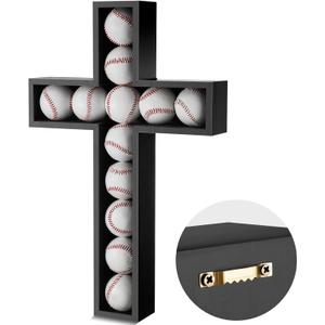 12 Cross Baseball Display Case 15 x 24 Inches Wall Mount Wood Baseball Holders Display Stand Cabinet Shadow Box for Home Run Collector Memorabilia Balls, Black