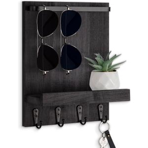 Key Holder Wall Mount, Key Holder for Wall with 4 Hooks, Farmhouse Key Hanger Holds Dog Leash, Sunglasses Decorative Mail Organizer Home Decor (Black)