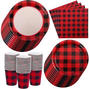 Aneco 200 Pieces Red and Black Buffalo Plaid Dinnerware for 50 Guests Disposable Buffalo Check Paper Plates Cups and Napkins Tableware for Baby Shower Party Decorations