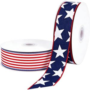 Songye 2 Rolls 20 Yards Patriotic Wired Ribbon, 2.5" Red White Blue Star & Stripe USA Ribbon for 4th of July Independence Day, Memorial Day, Veterans Day Wreath DIY Crafts Holiday Decor
