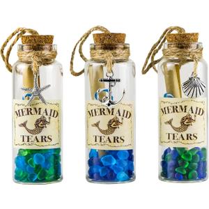 SAILINGSTORY Sea Glass Jar Message in a Bottle Mermaid Tears Coastal Beach Decor Nautical Christmas Ornaments Set of 3 Pack