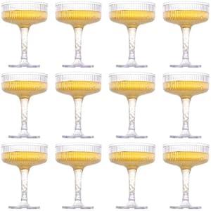 yptniginu 12 Pcs Plastic Champagne Glasses 7 oz Champagne Tower Ribbed Martini Glasses Disposable Wine Cups Stackable Stemmed Cups for Wedding Birthday Party Bar (Clear)