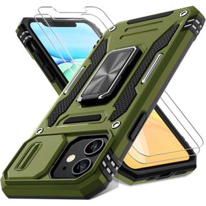 DEERLAMN Case for iPhone 11 with Slide Camera Cover+Screen Protector(2 Packs),Rotated Ring Kickstand Military Grade Shockproof Protective Cover-Olive Green