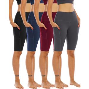 WHOUARE 4 Pack Biker Yoga Shorts with Pockets for Women,High Waisted Athletic Running Workout Gym Shorts Tummy Control, Medium