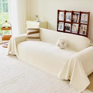 VANJOROY Beige Couch Sofa Cover for 3 Cushion Sectional Sofa L-Shape -Washable Chenille Couch Cover for Dogs Pets, Boho Couch Cover Protector Soft Sofa Slipcovers with Tassel,91"x 134"