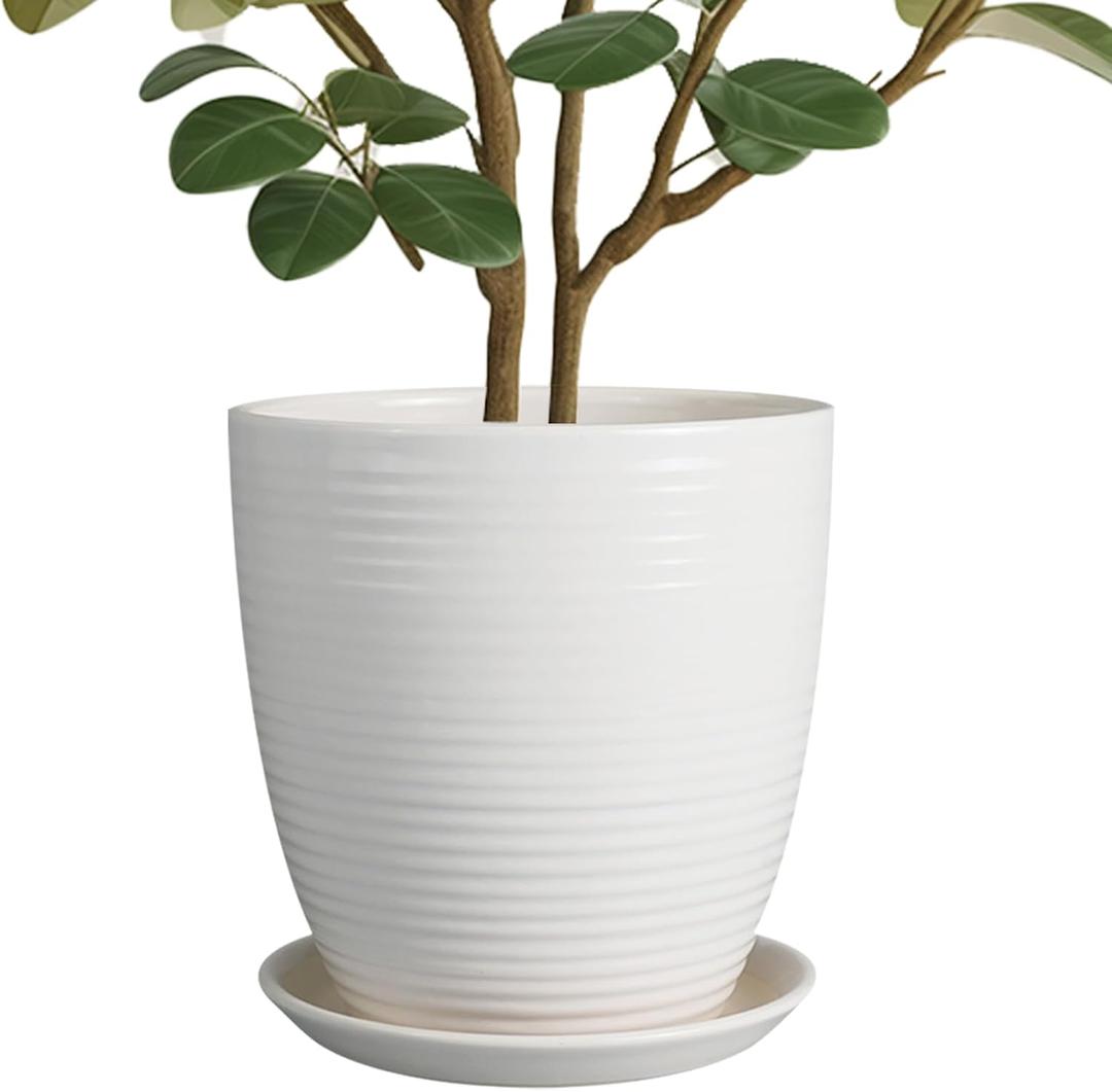 10 Inch Ceramic Planter With Drainage Hole and Saucer - Modern Round Flower Pot for Indoor Outdoor Plants - Large White Garden Planter