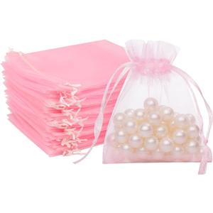 FUNFERY 100 Pcs Pink Organza Bags 3x4 in, Small Mesh Drawstring Gift Bags for Sachet, Jewelry, Candy, Wedding Favor, Easter Day