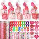 Pasimy 240 Pcs Valentine's Day Stationery Gifts for Kids, Valentines Popcorn Boxes Valentines Gift Tag Heart Shape Pencil Sharpener Eraser Pencil Sticker Stamp for Classroom Exchange Gift Prize Supply