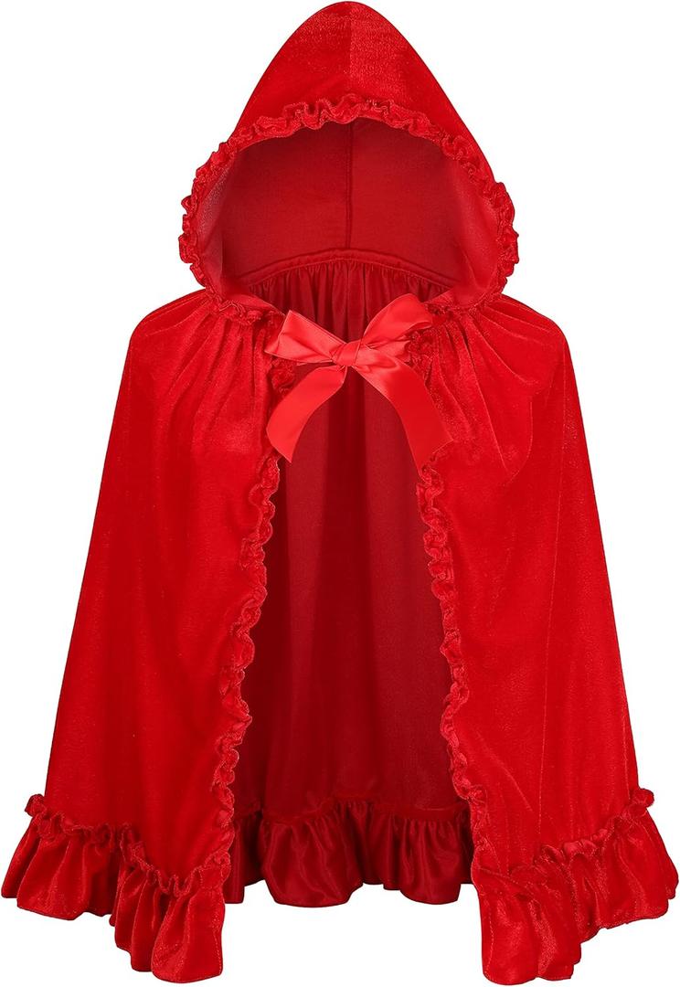 TOONRAIN Womens Velvet Little Red Riding Hood Cape Halloween Christmas Short Cloak Fairytale Costume (23.6 inches, Flower Group Bright Red)
