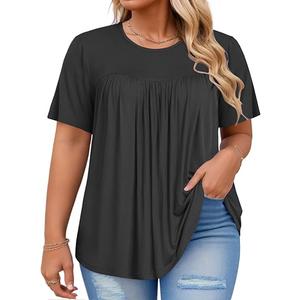 VISLILY Women's-Plus-Size-Tops Trendy Summer Short Sleeve T Shirts Cute Flowy Pleated Blouses Casual Loose Fit Tunics
 2XL, Black 